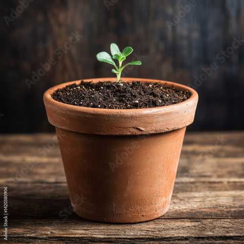 A terracotta flowerpot filled with rich soil