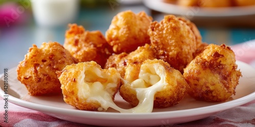 Fried cheese curds ooze on plate, against colorful patterned background photo