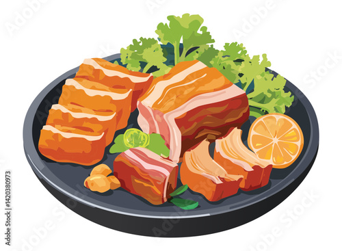 Pork Belly Bites Platter - Vector Illustration
