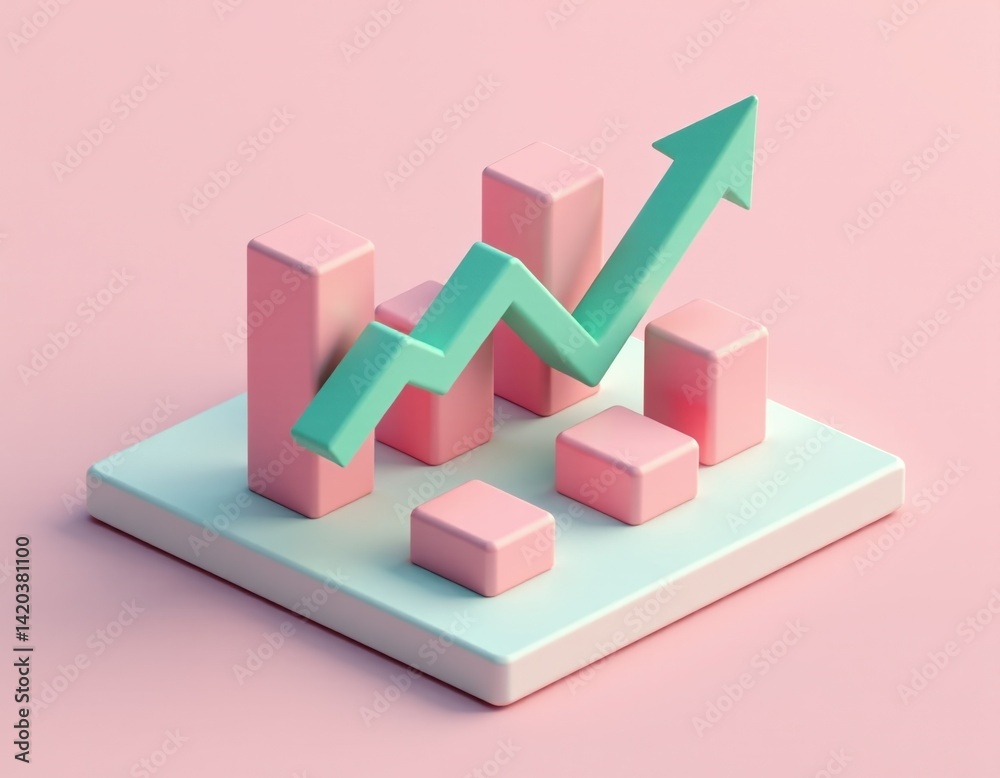 Upward Trend Pastel Pink and Mint Green 3D Bar Graph Showing Growth