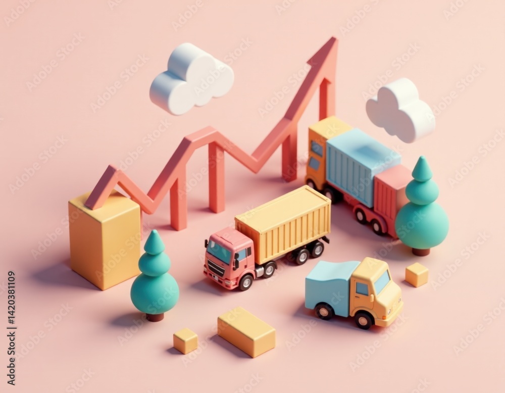 Upward Trend in Logistics 3D Render of Delivery Trucks and Growth Chart