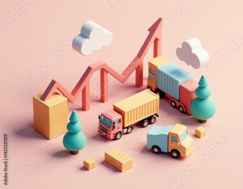Obraz na płótnie Upward Trend in Logistics 3D Render of Delivery Trucks and Growth Chart w salonie
