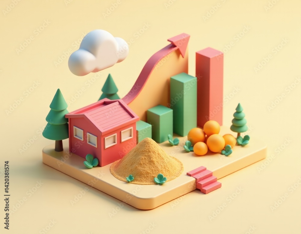 3D Render of Growing House Value with Upward Trend Graph, Cloud, and Trees