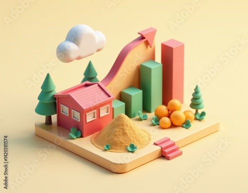 Obraz na płótnie 3D Render of Growing House Value with Upward Trend Graph, Cloud, and Trees w salonie