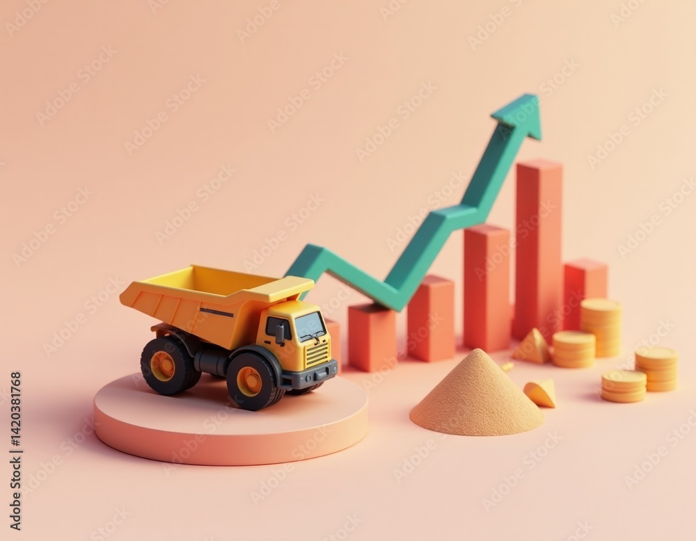 3D Render of a Dump Truck and Growth Chart - Business Success Concept