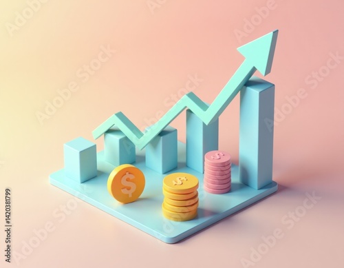 Obraz na płótnie Upward Trend Graph with Stack of Coins - Financial Growth Concept w salonie