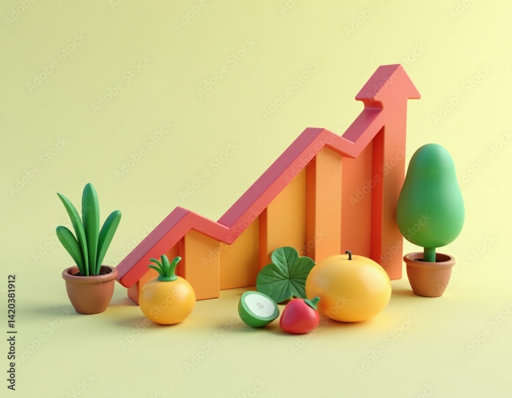 3D Render of Growing Graph with Fruits and Plants - Business Growth Concept