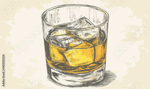 Hand Drawn Whiskey Glass Sketch in Engraving Style Vector Illustration