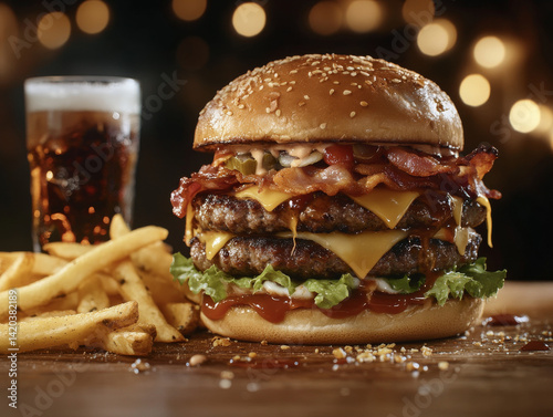 A towering cheeseburger with a juicy beef patty