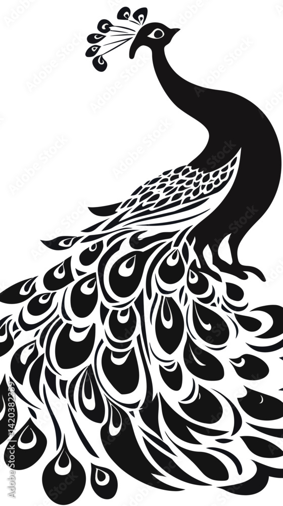 Fototapeta premium Minimalist Black and White Peacock Vector Template for Cutting and Printing SVG