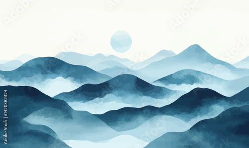 Elegant Oriental Blue Mountain Landscape with Minimalist Watercolor Style
