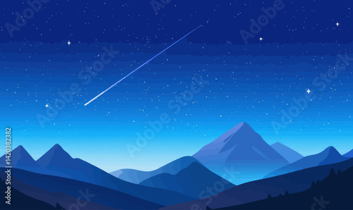 Starry Night Sky with Milky Way Over Mountain Landscape Vector Illustration