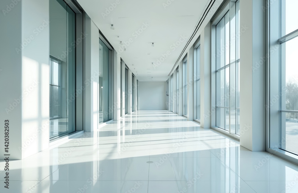 Empty corridor in modern office building with white walls large windows. Bright hallway perspective with glass doors, nobody. Interior design. Clean space, contemporary architecture.