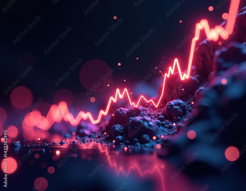 Abstract Neon Stock Market Graph Rising Over Rocky Terrain