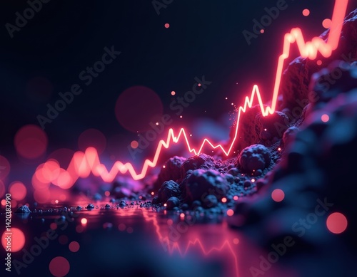 Obraz na płótnie Abstract Neon Stock Market Graph Rising Over Rocky Terrain w salonie