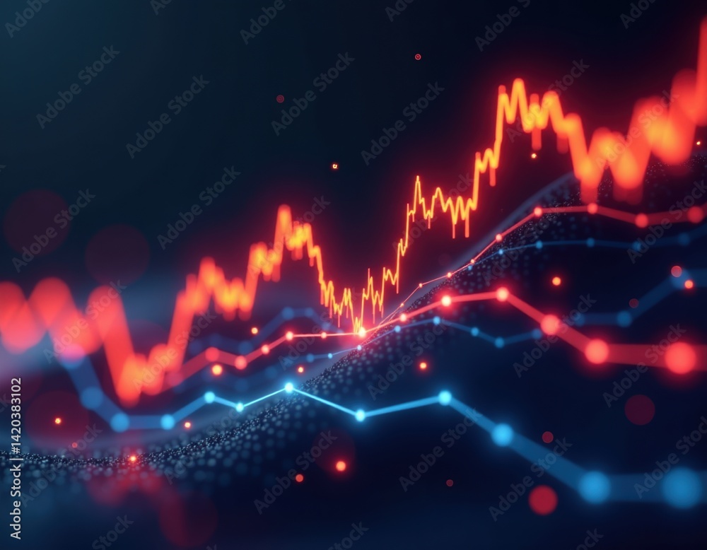 Abstract Stock Market Graph Red and Blue Lines on Data Landscape
