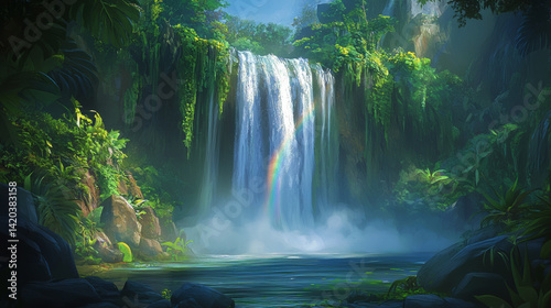 A towering jungle waterfall surrounded by lush foliage