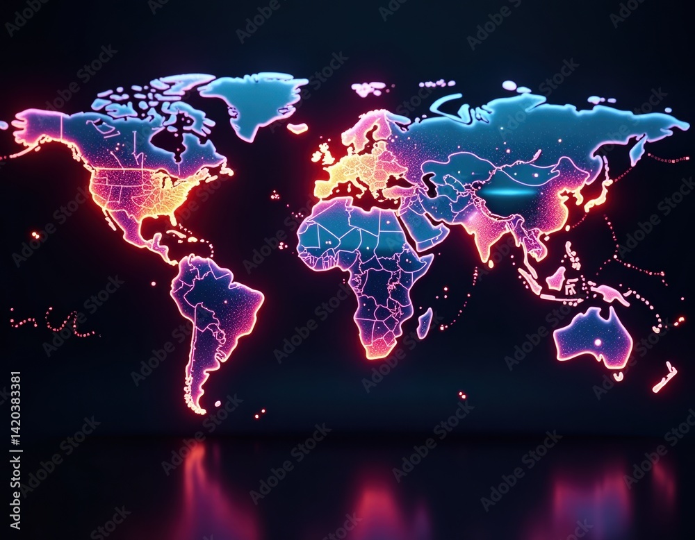Glowing Neon World Map Global Network, Technology, and Connectivity