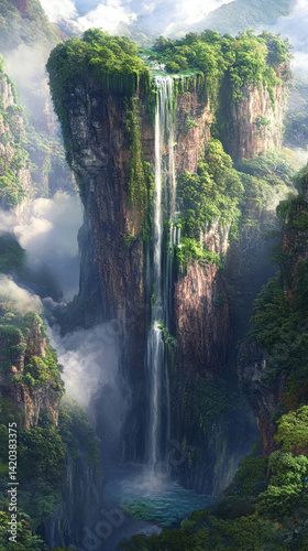 A towering waterfall cascading down lush green cliffs