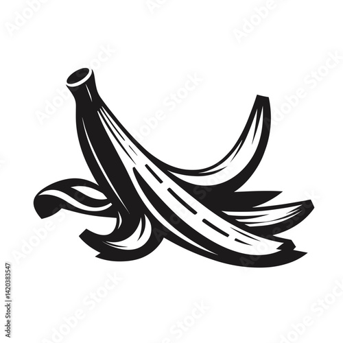 Black and white Banana Peel in a graphic style illustration  on a transparent background