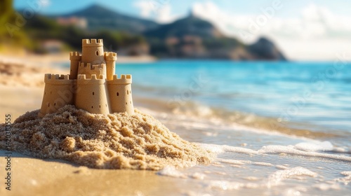 A sand castle sits on the beach near calm ocean waves photo