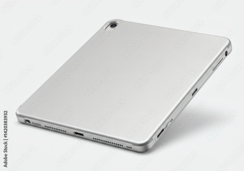 Silver tablet floating in a clean white space Silver tablet floating in a clean white space