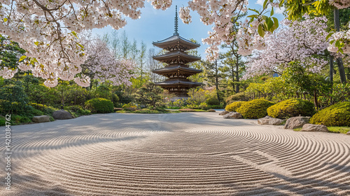 A tranquil Japanese Zen garden with a raked sand pattern