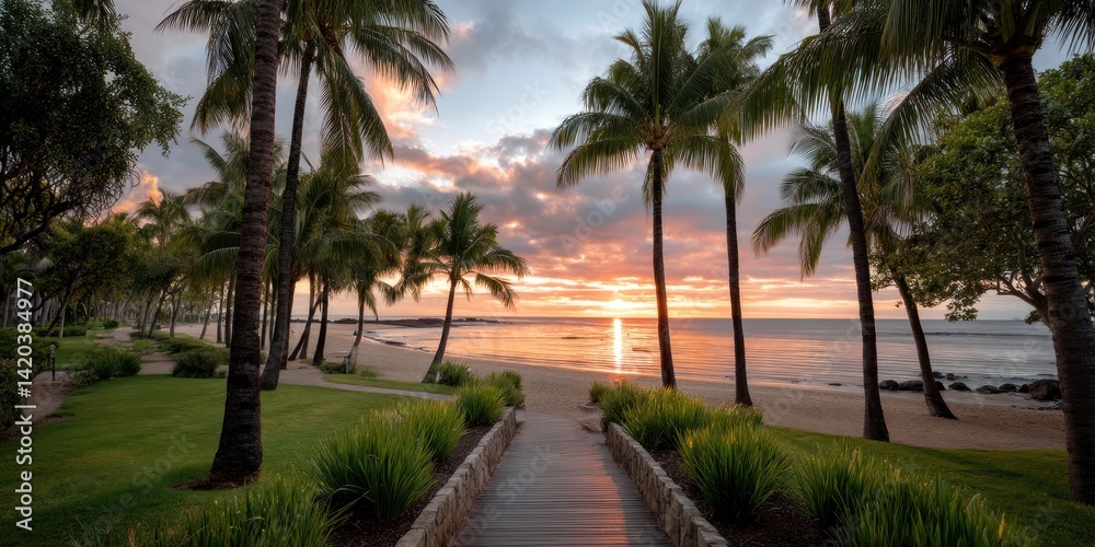 Beach path view under sunset, palm trees lining walkway, tropical vacation spot Beach path view under sunset, palm trees lining walkway, tropical vacation spot