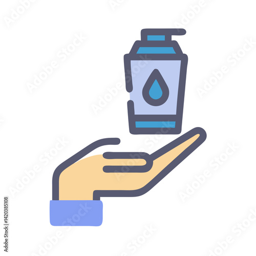 Hand holding sanitiser bottle, personal hygiene icon on black