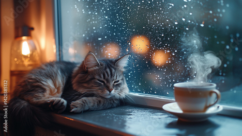 Next to a steaming mug of tea, a tabby cat lounges on the windowsill, with rain gently pattering against the window in the background.