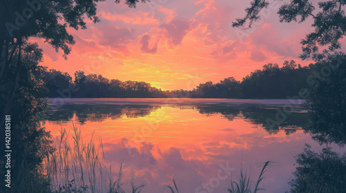 A tranquil lake at sunset reflecting vibrant colors
