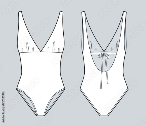 One-Piece Swimsuit Technical Fashion Illustration. Deep V-Neck Swimsuit fashion flat technical drawing template, front and back view, white, back tie, women CAD mockup.