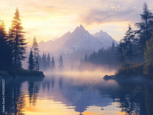 A tranquil mountain lake at sunrise surrounded by peaks