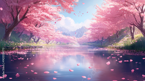 A tranquil river lined with cherry blossom trees