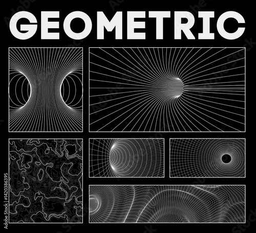 3D vector graphic cyberpunk abstract background line poster design. Digital icon glitch pattern in black modern set with hud art. Retro geometric element minimal tech pixel dark shape trendy grid.