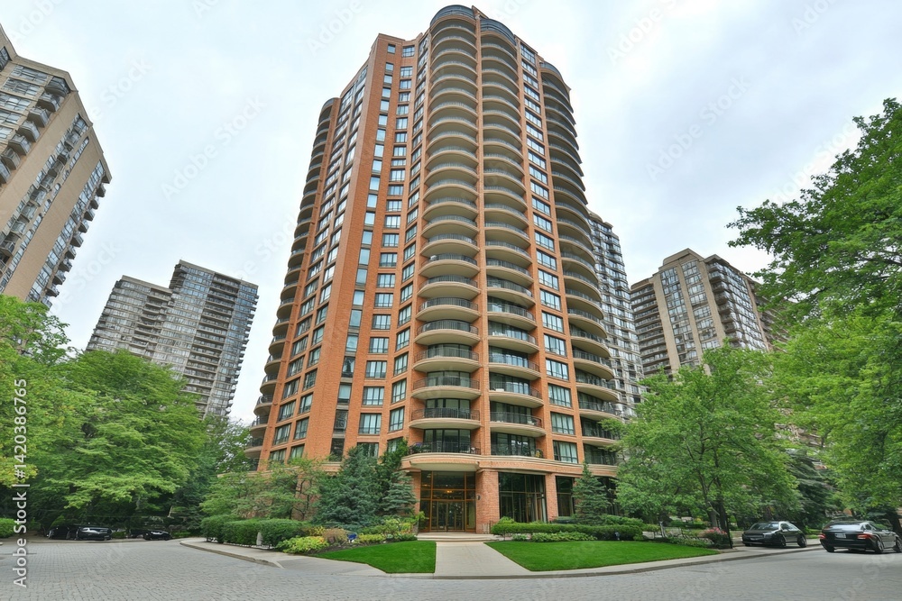Modern high-rise residential building with landscaped grounds Modern high-rise residential building with landscaped grounds