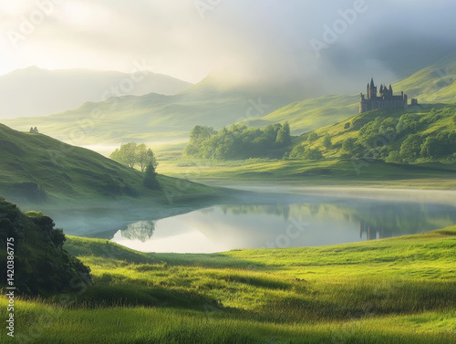 A tranquil view of the Scottish Highlands blanketed in mist