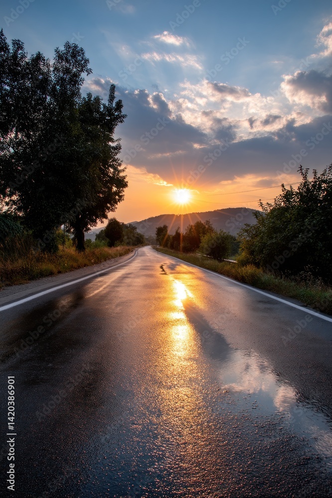 Sunset reflects on a wet road leading to hills with trees under cloudy skies Sunset reflects on a wet road leading to hills with trees under cloudy skies