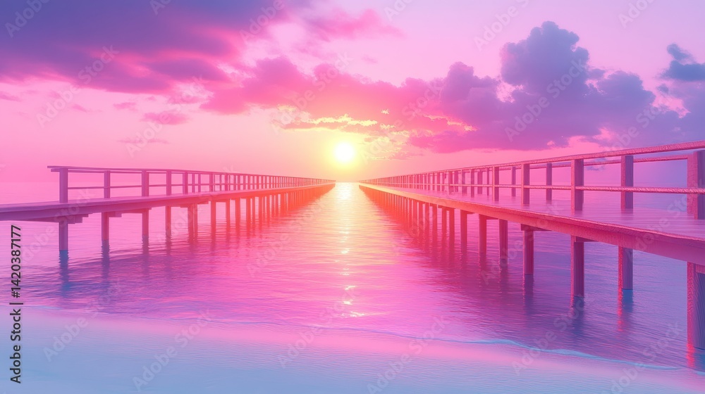Obraz premium Serene, pastel sunset over tranquil water, with a wooden walkway