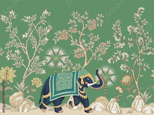 Vintage botanical tree, Indian elephant animal, flower seamless border green background. Oriental mural.