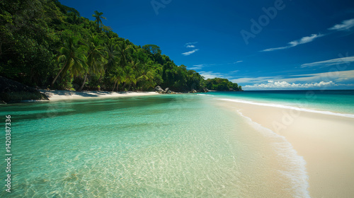 A tropical beach with clear turquoise water and white sand