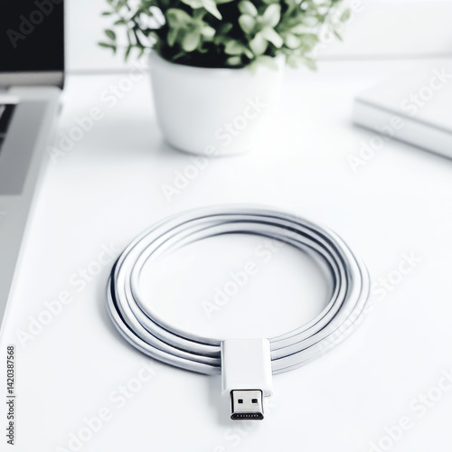 A USB cable coiled neatly placed on a white desktop