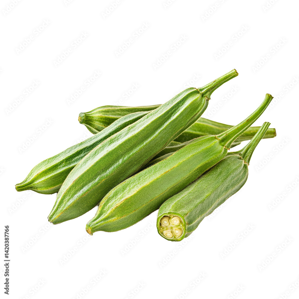 Fresh okra pods arranged neatly on a transparent background for culinary and nutritional presentation, okra isolated on transparent background Fresh okra pods arranged neatly on a transparent background for culinary and nutritional presentation, okra isolated on transparent background