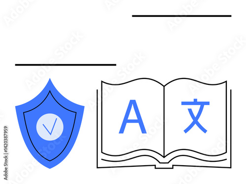 Open book displaying multilingual characters alongside a shield with a checkmark. Ideal for education, security, translation, trust, certification, online learning, simple landing page