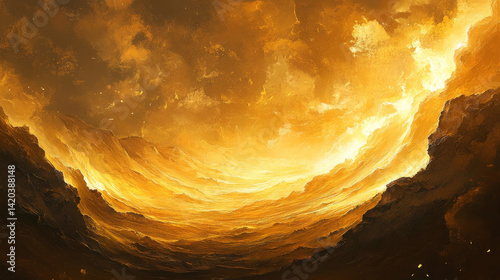 A vast desert landscape with golden dunes curving