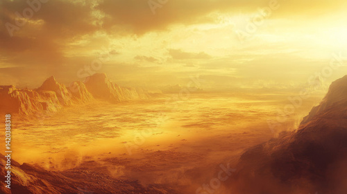 A vast desert landscape with golden dunes curving