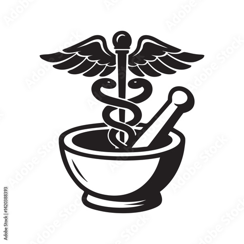 caduceus medical symbol and mortar pestle