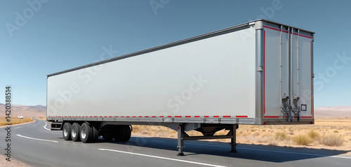 Long trailer truck on road. Vehicle for transport cargo, goods, containers. Commercial freight transportation service. Delivery of products, logistics, import export. Cargo transportation business