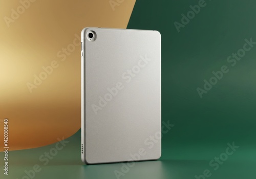 The back of a silver tablet stands against a gold and green background