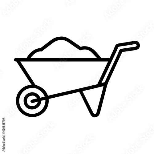 A simple line drawing of a wheelbarrow, shown in profile.  
Minimalist style highlights its single wheel and sturdy handles.